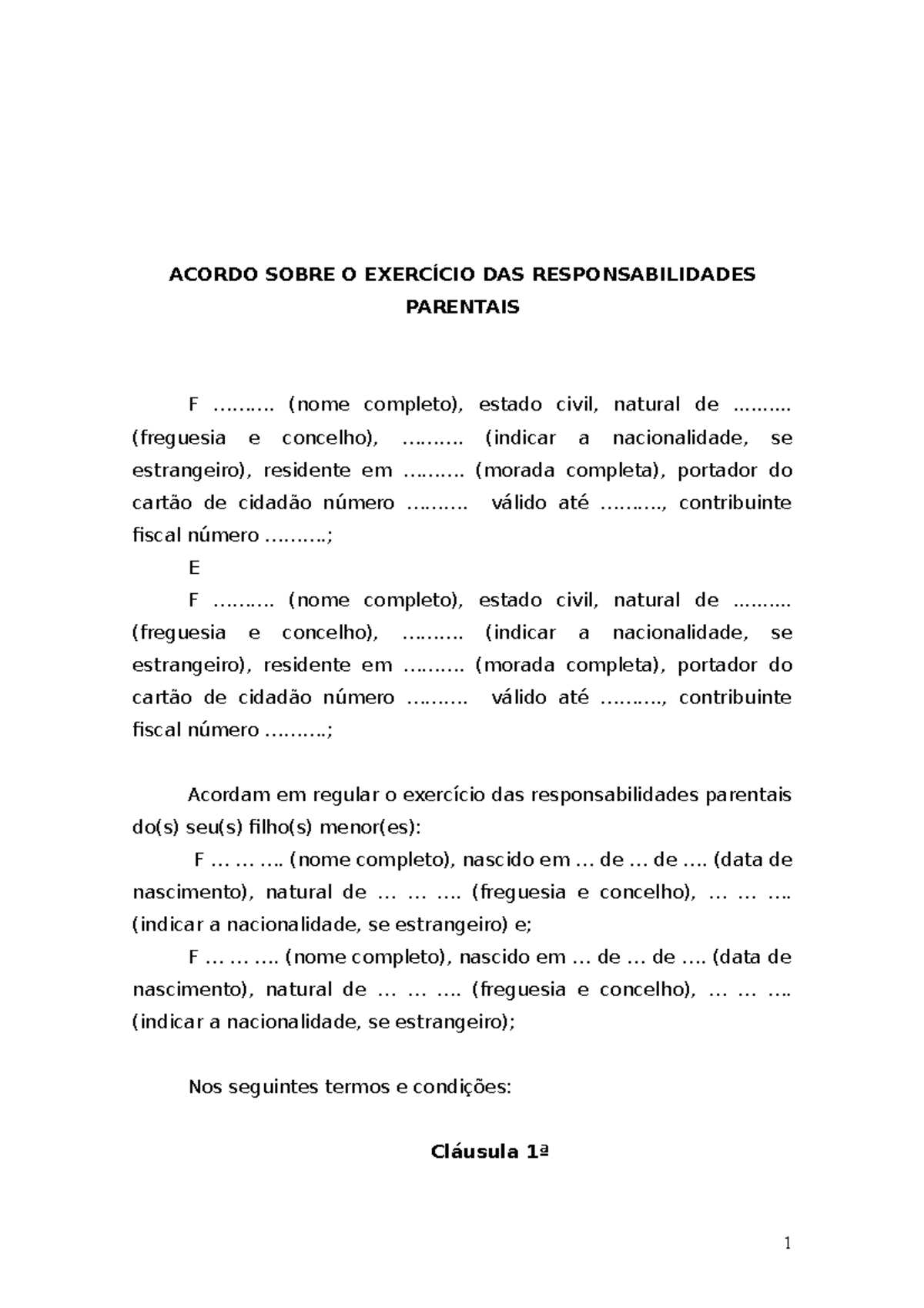 Acordo Responsabilidades Parentais Acordo Sobre O Exerc Cio Das Responsabilidades Parentais F