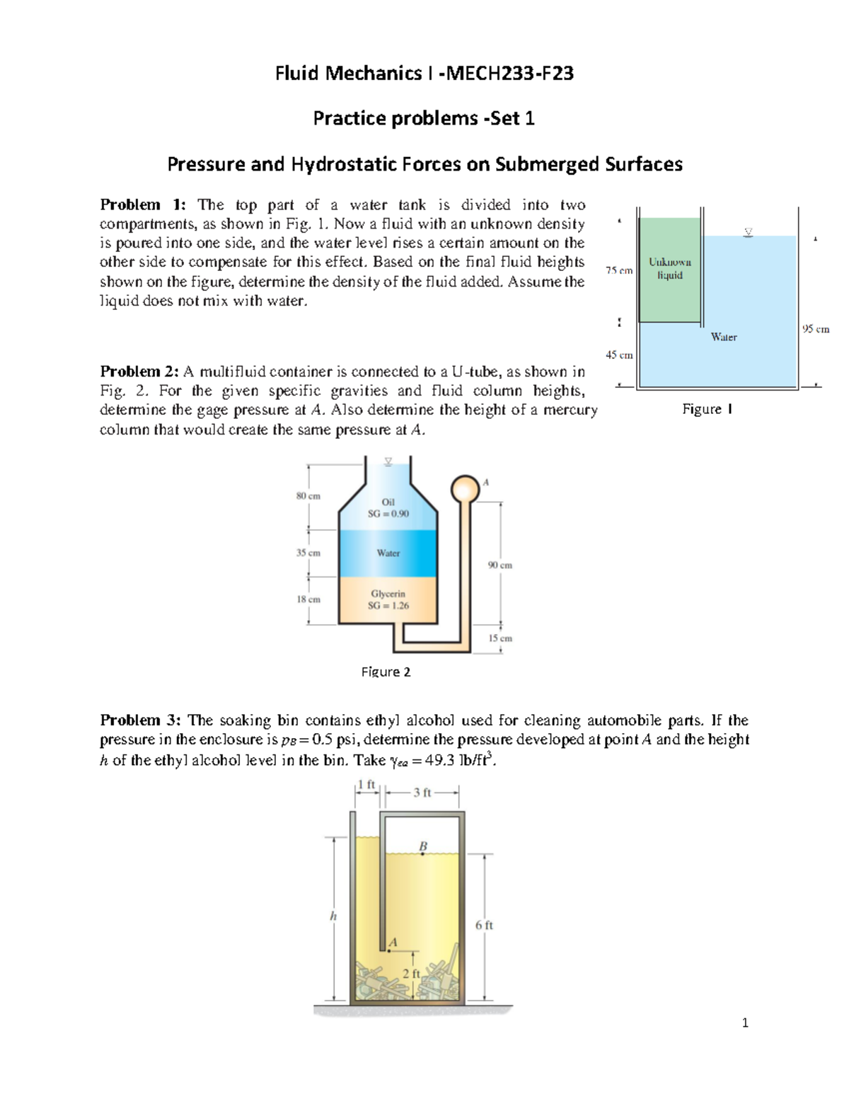 Fluid MechanicsIPractice problemsSet1F23 1 Fluid Mechanics I