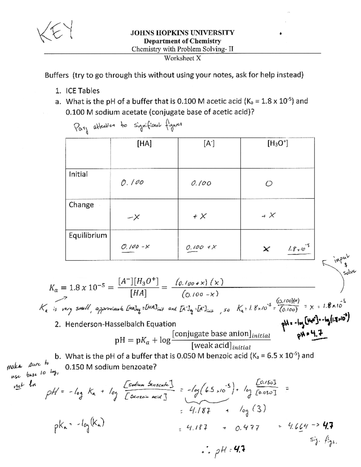 Acid, Base, Buffers KEY JOHNS HOPKINS UNIVERSITY . Department of