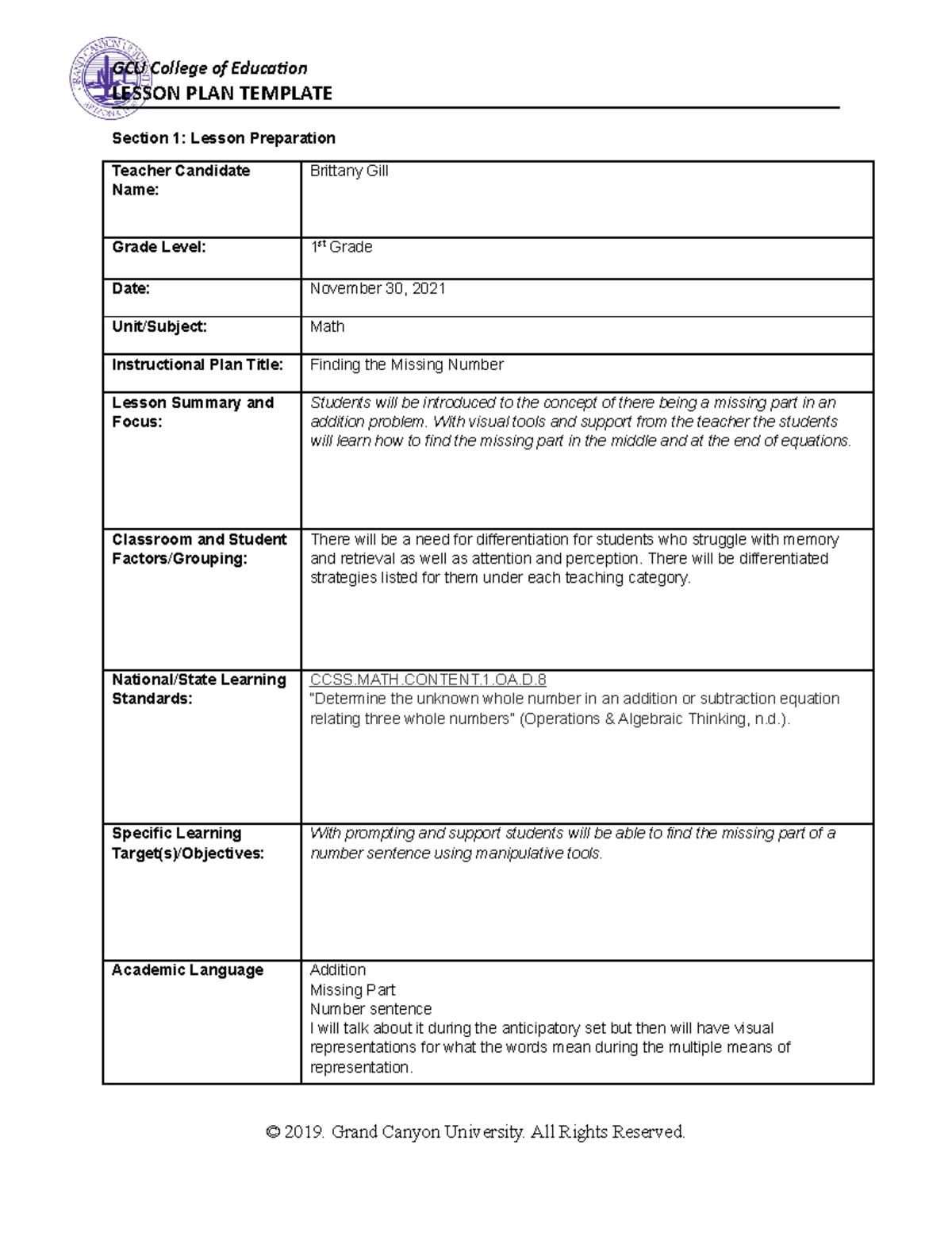 Algebra - Coursework - LESSON PLAN TEMPLATE Section 1: Lesson ...