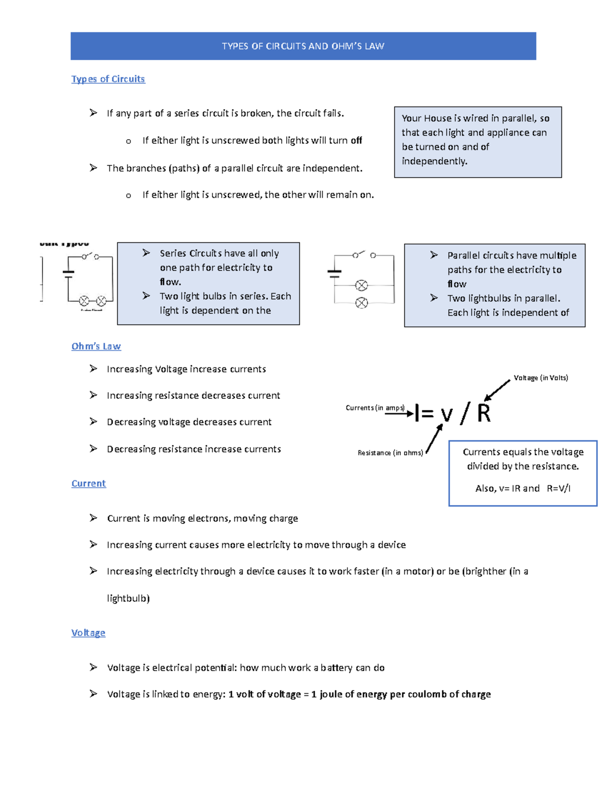 Types of Circuits and Ohm's Law Types of Circuits If any part of a