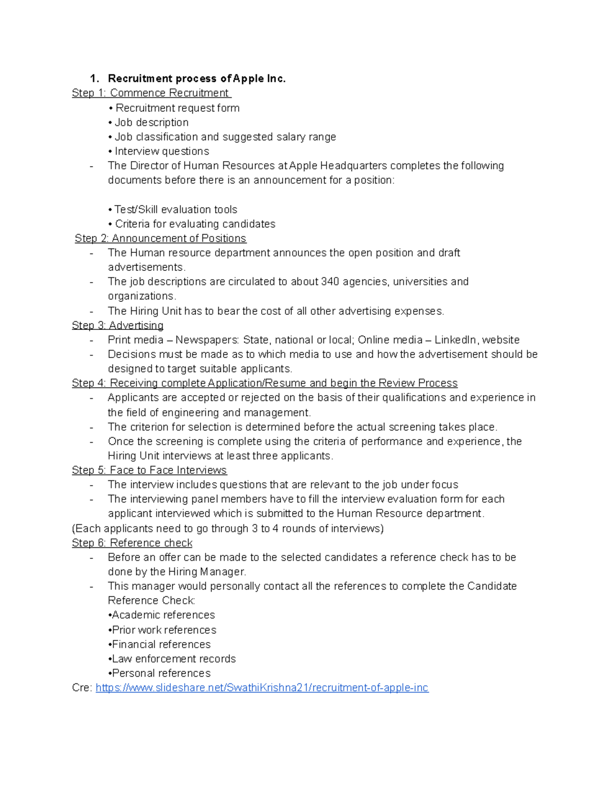 HRM OF Apple summary 1. Recruitment process of Apple Inc. Step 1 Commence Recruitment StuDocu