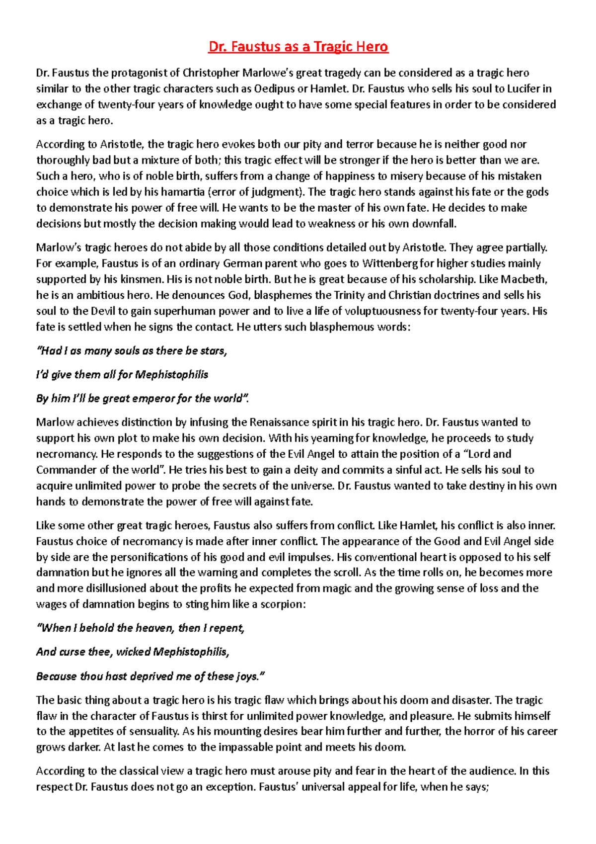 Doctor Faustus as a Tragic Hero Dr. Faustus as a Tragic Hero Dr