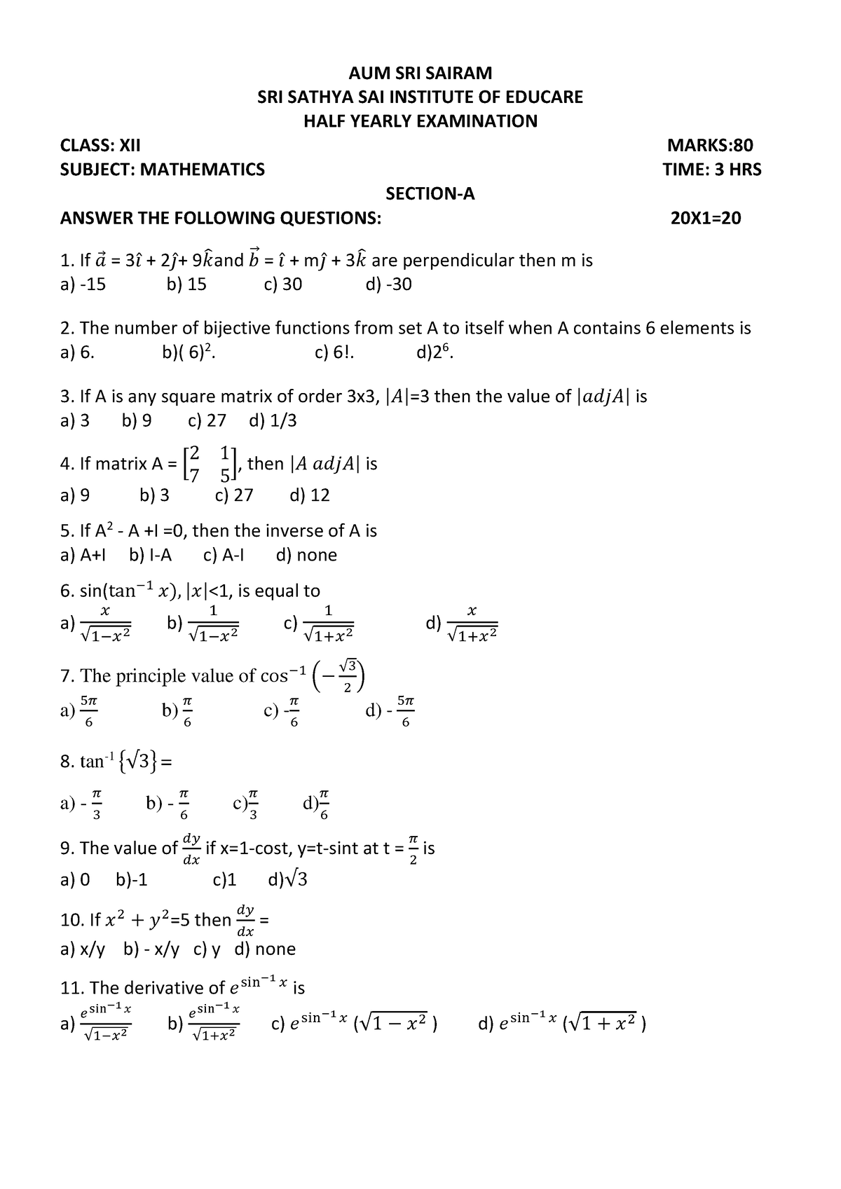 XII Maths HALF Yearly QP - AUM SRI SAIRAM SRI SATHYA SAI INSTITUTE OF ...