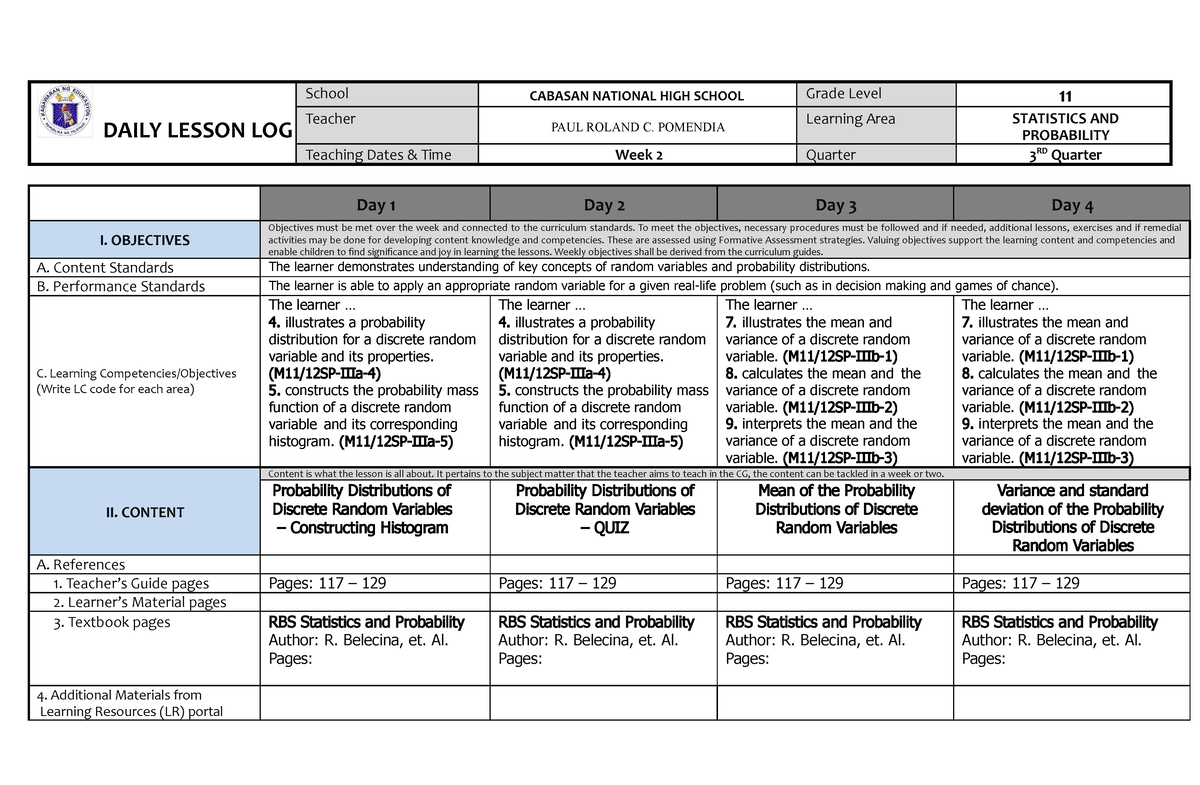 Statistics And Probability Week 2 Dll - DAILY LESSON LOG School CABASAN ...