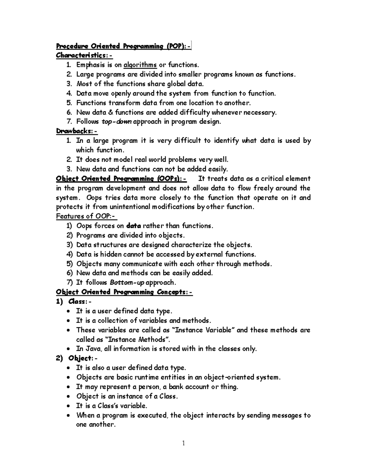 Java notes - Procedure Oriented Programming (POP):- Characteristics:- 1 ...