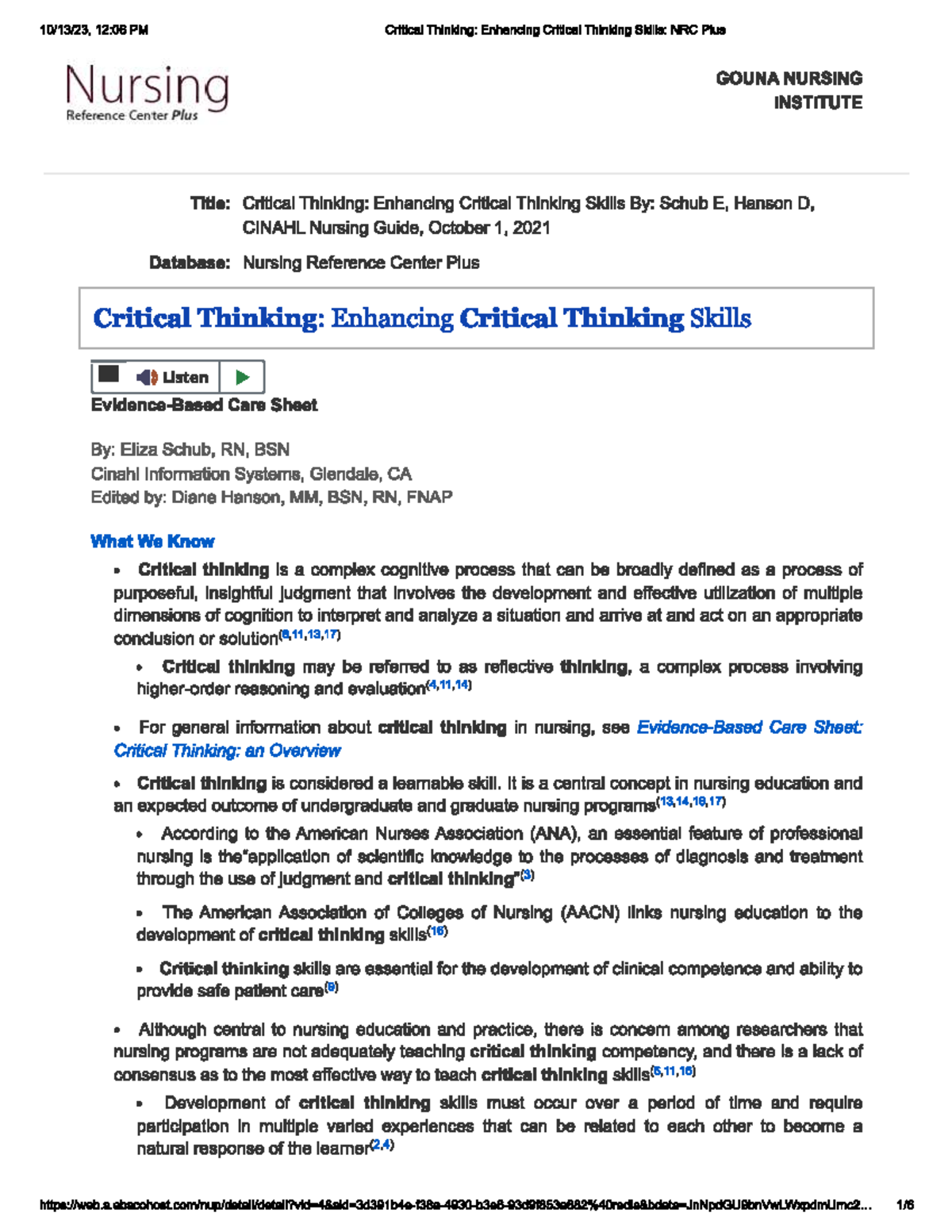 Enhancing Critical Thinking Skills Nursing Studocu