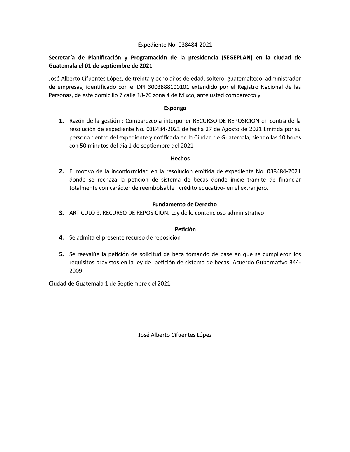 Recurso de reposicion - Expediente No. 038484- Secretaría de ...