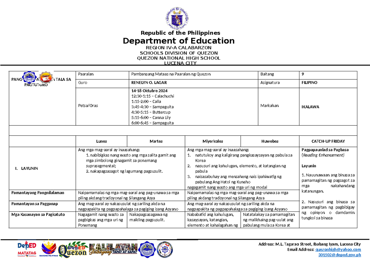 RL-DLL Q2 W2 - aralin sa pabula lesson plan - Address: M. Tagarao ...