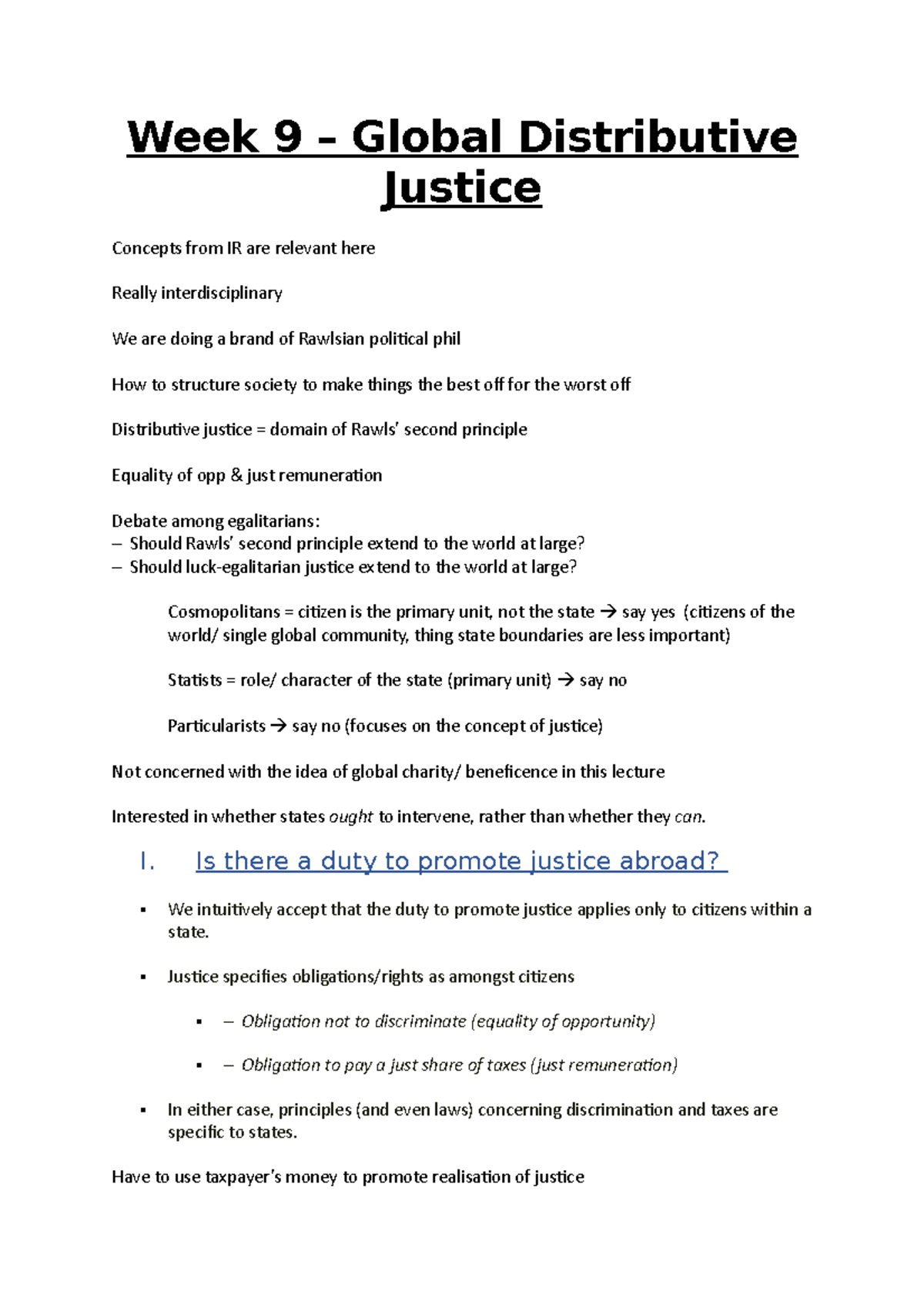 Week 9 lecture notes - Week 9 – Global Distributive Justice Concepts ...