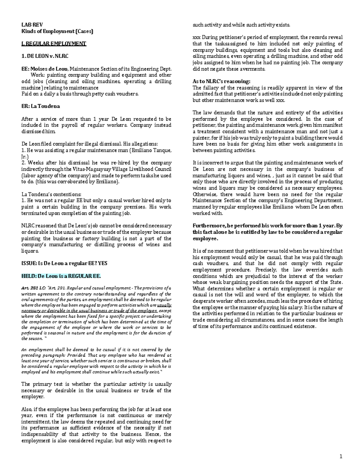 Labrev Cases CD (up to Univ Robina) - LAB REV Kinds of Employment ...