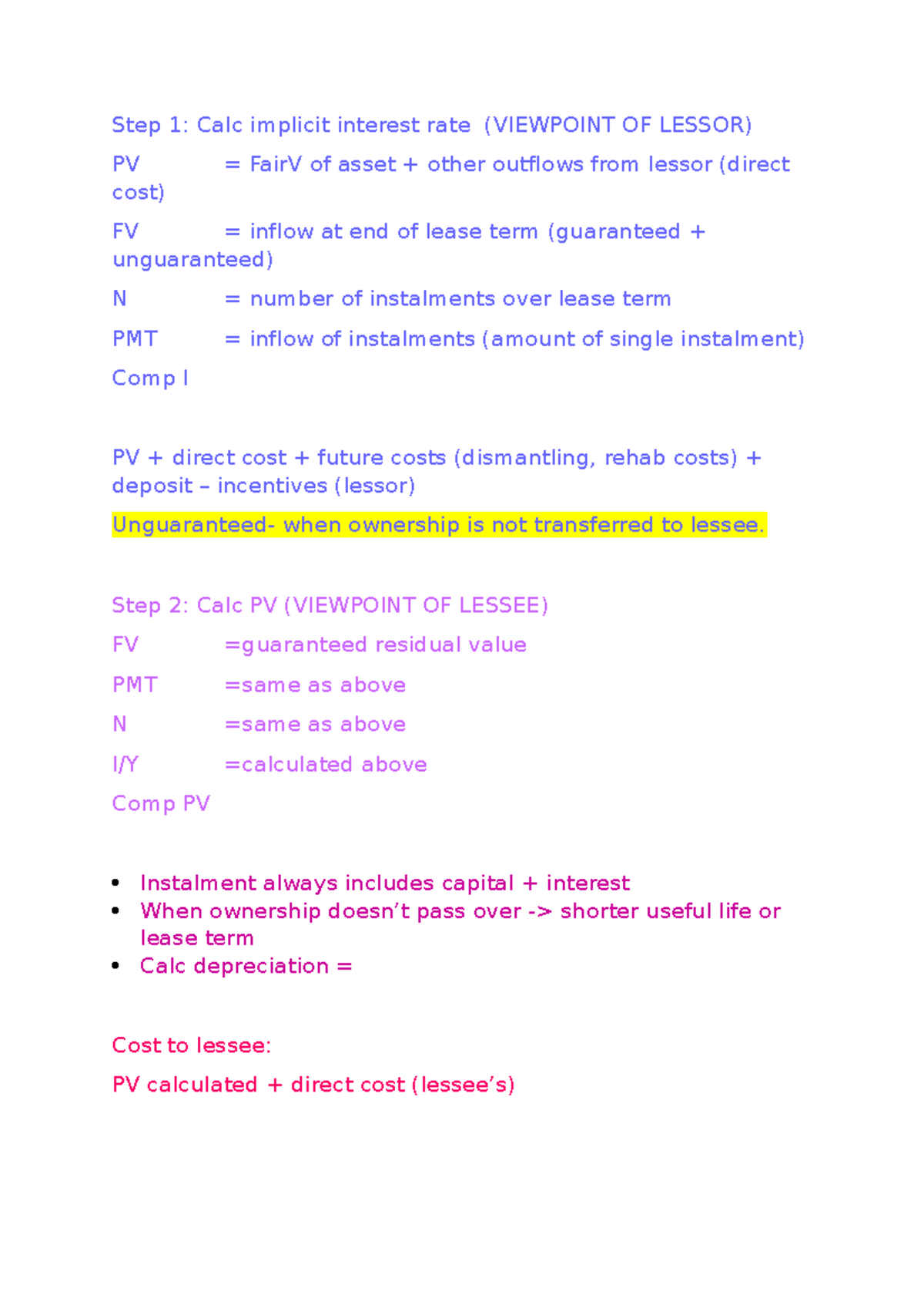 Leases - journals - Summary - Step 1: Calc implicit interest rate ...