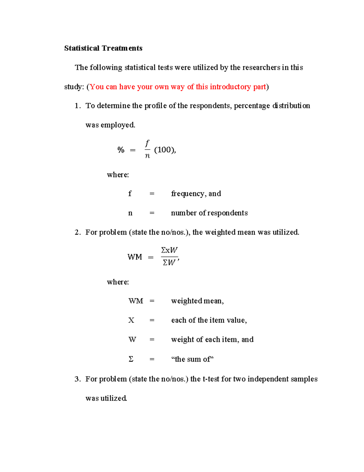 statistical treatments- math - Statistical Treatments The following ...