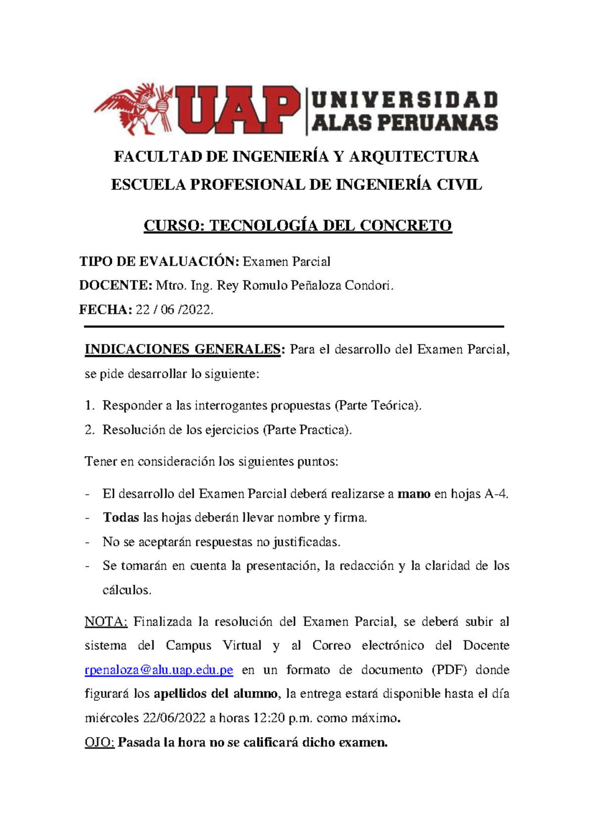 Examen Parcial Tecnologia DE Concreto - FACULTAD DE INGENIERÍA Y ...