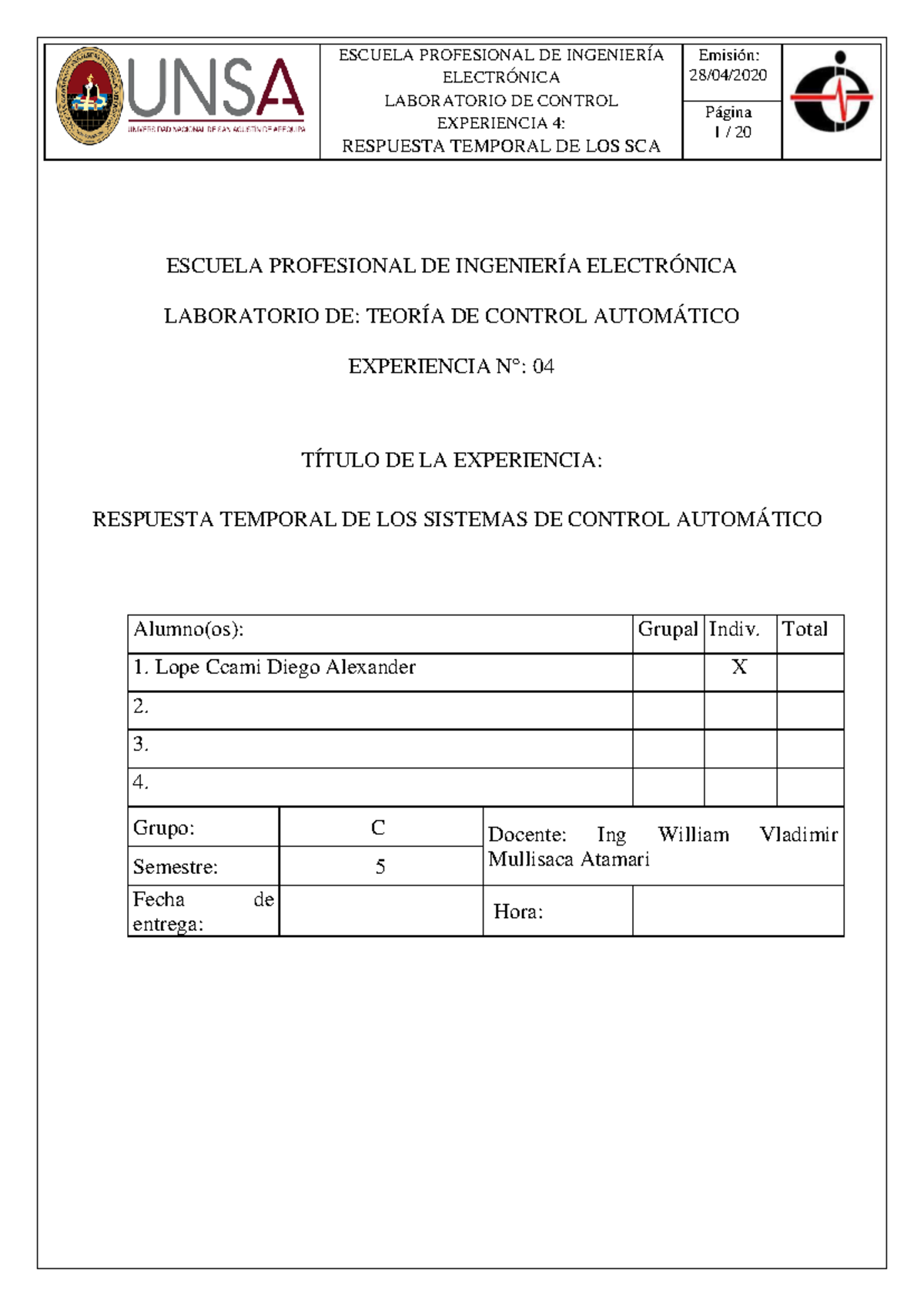Laboratorio 4 TCA1 - TCA 1 - ELECTRÓNICA LABORATORIO DE CONTROL ...