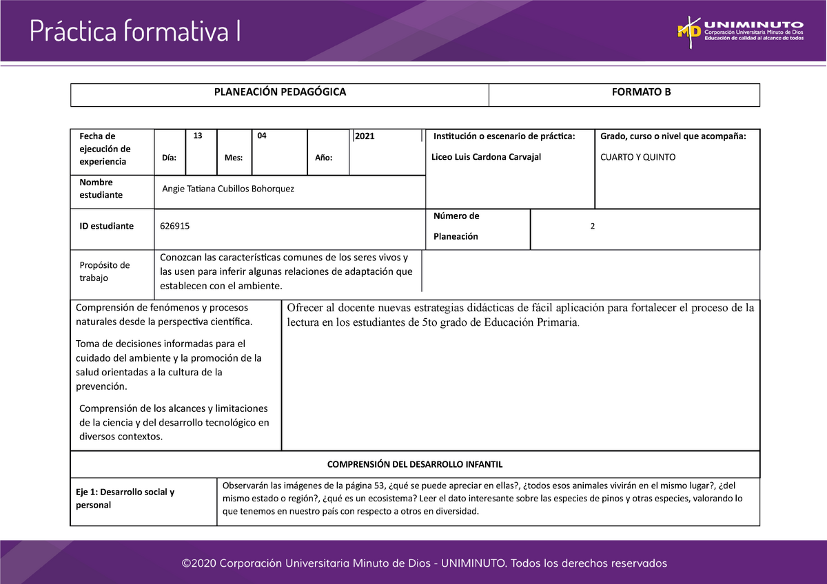 Planeación Pedagogica Educacion - PLANEACIÓN PEDAGÓGICA FORMATO B Fecha ...