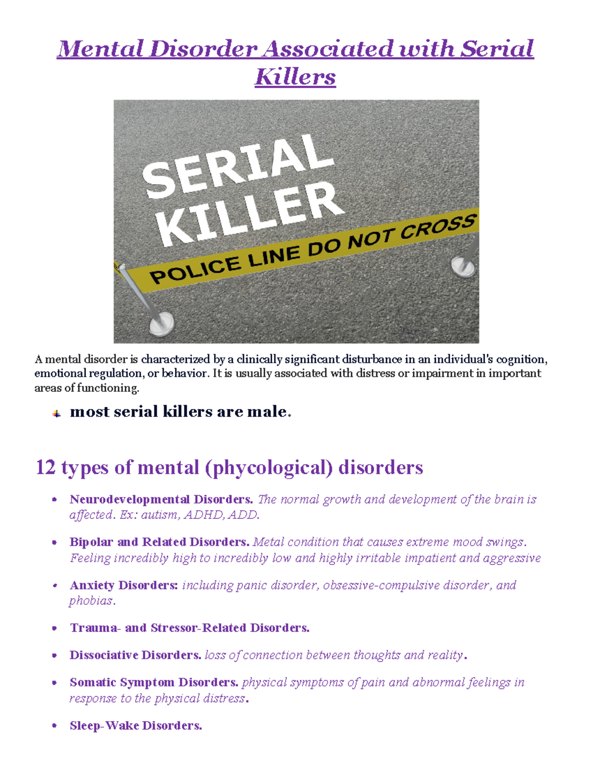 Mental disorder associated with serial killers Mental Disorder