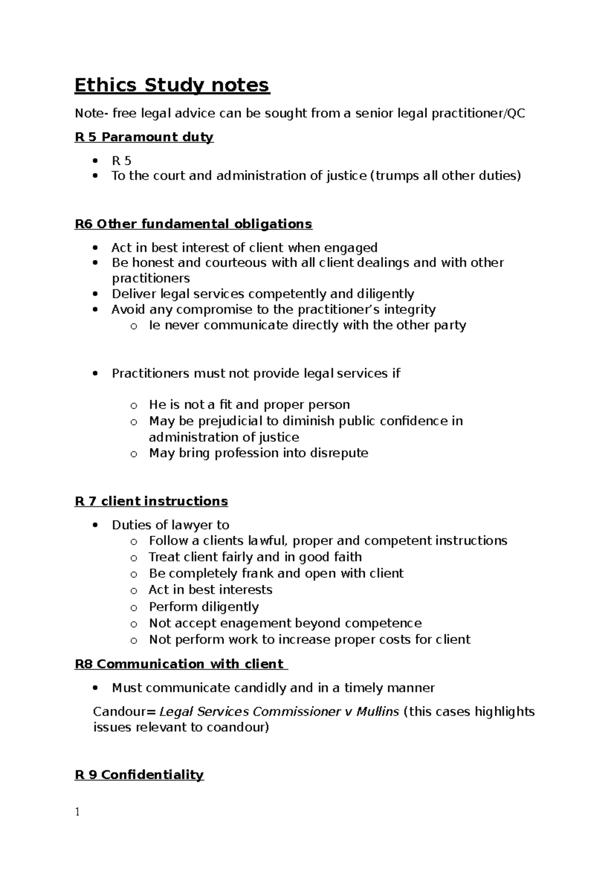 Ethics Study Notes Ethics Study notes Note free legal advice can