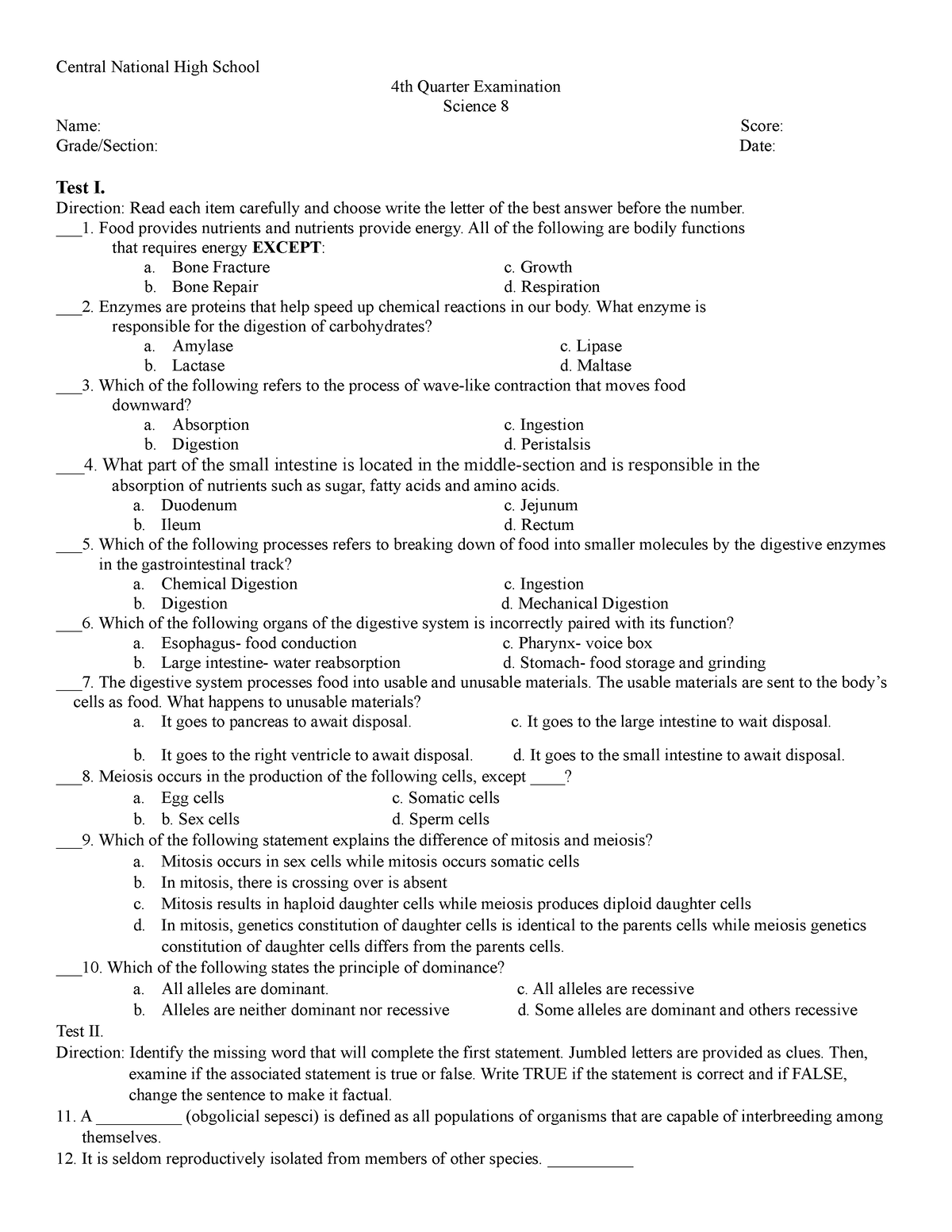 4th Periodical Exam Science 8 - Central National High School 4th ...