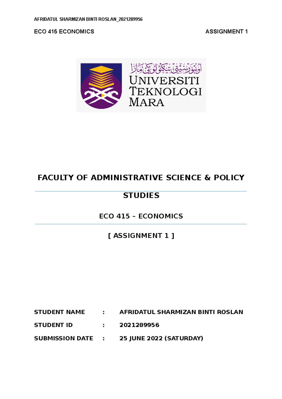 Assignment 1 - ECO415 (25 JUNE 2022) - ECO 415 ECONOMICS ASSIGNMENT 1 ...