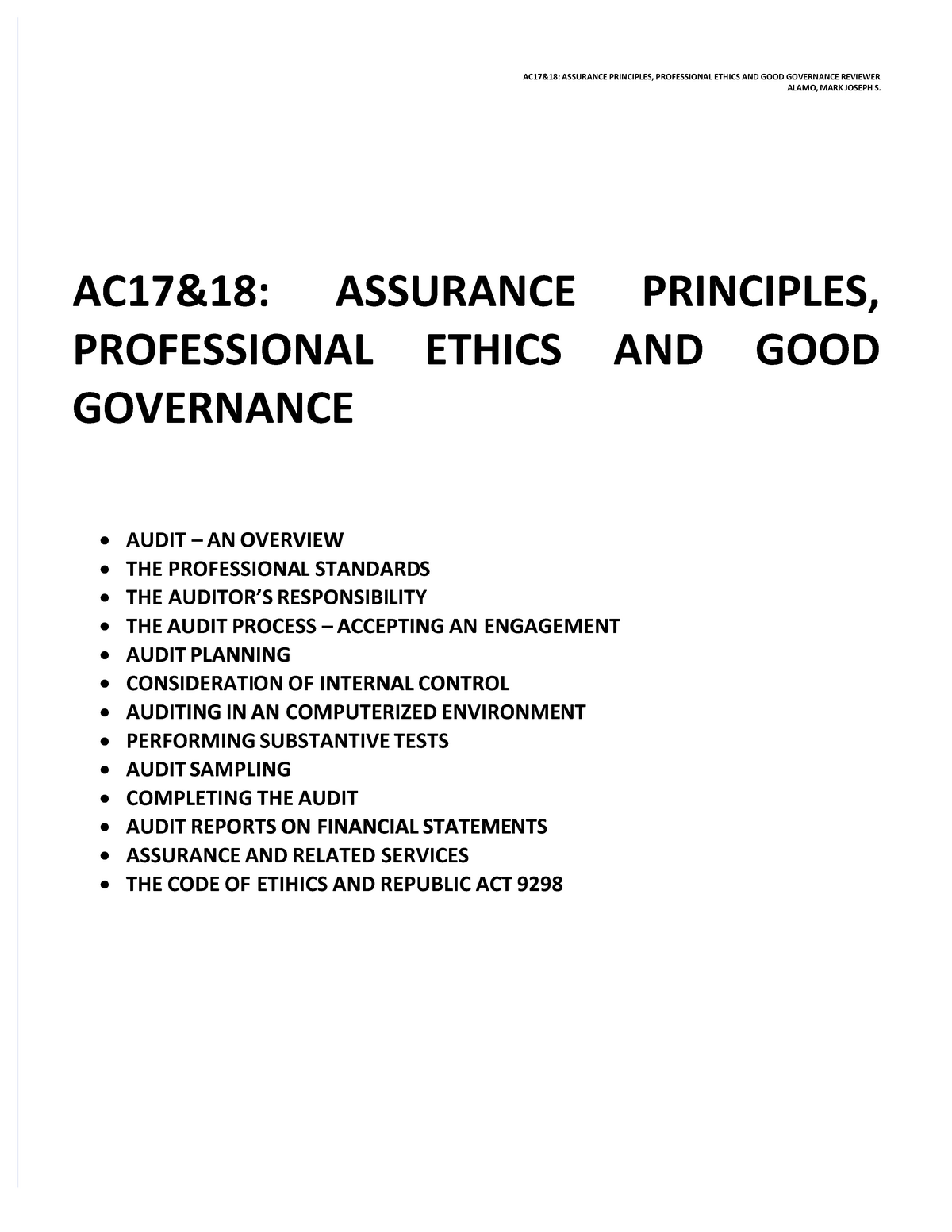 Auditing Theory Salosagcol Summary Ac17and18 Assurance Principles Professional Ethics And Good 0338