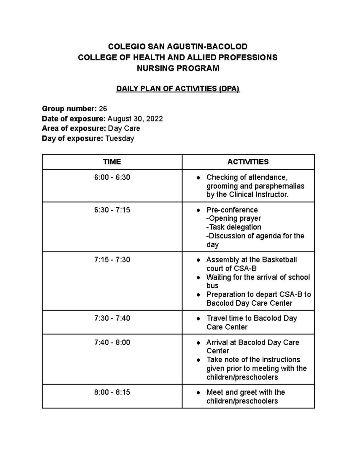 daily plan of activities in community health nursing