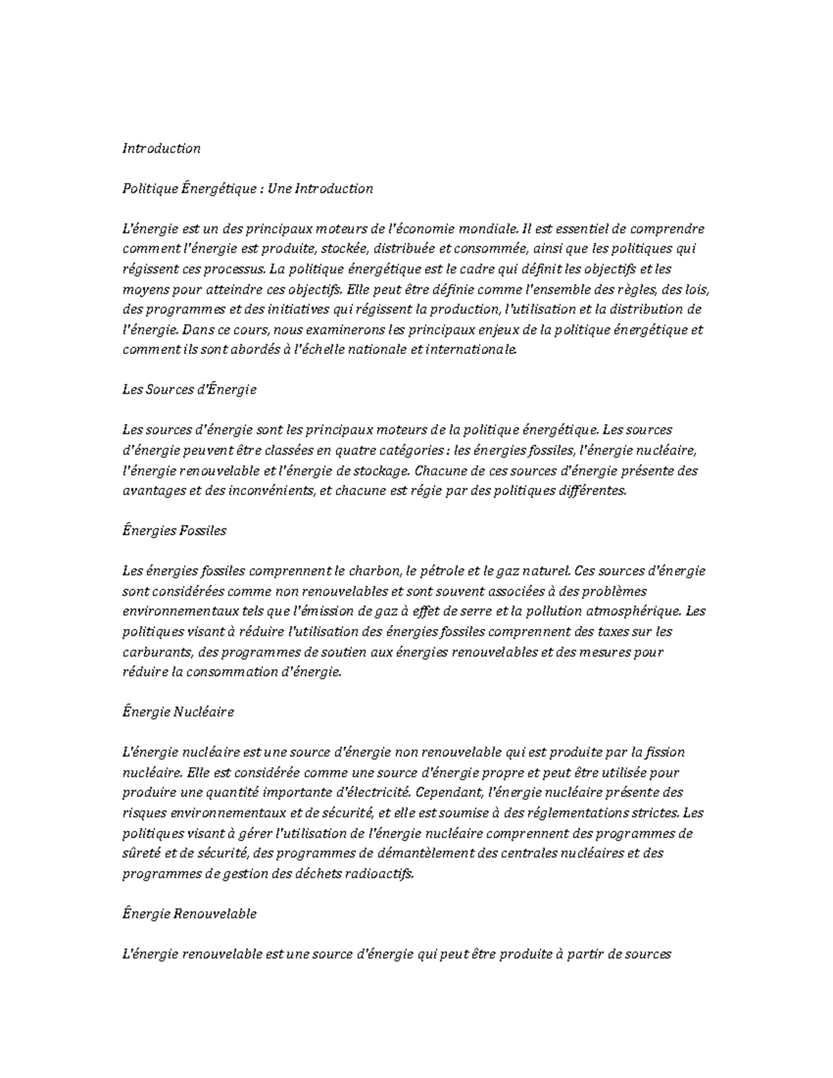 Topics in Energy Policy Introduction Politique Énergétique Une
