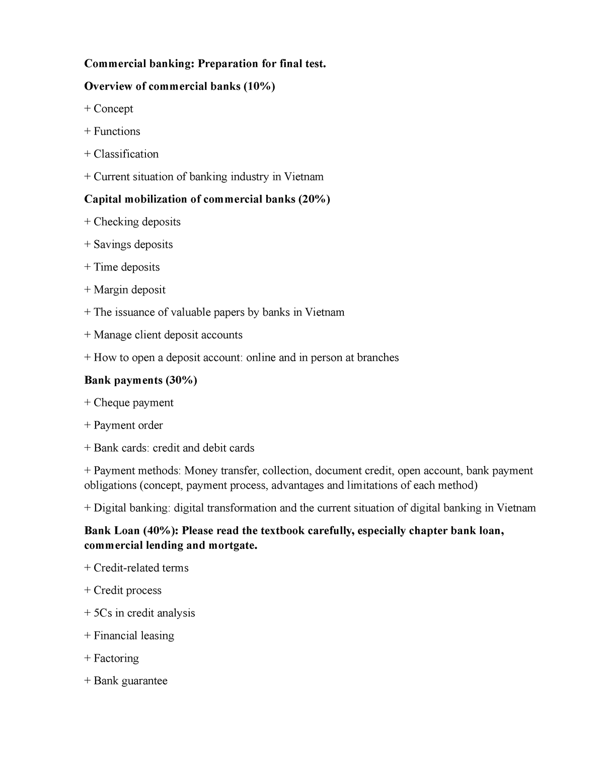 Review For Final Test - Commercial Banking: Preparation For Final Test ...