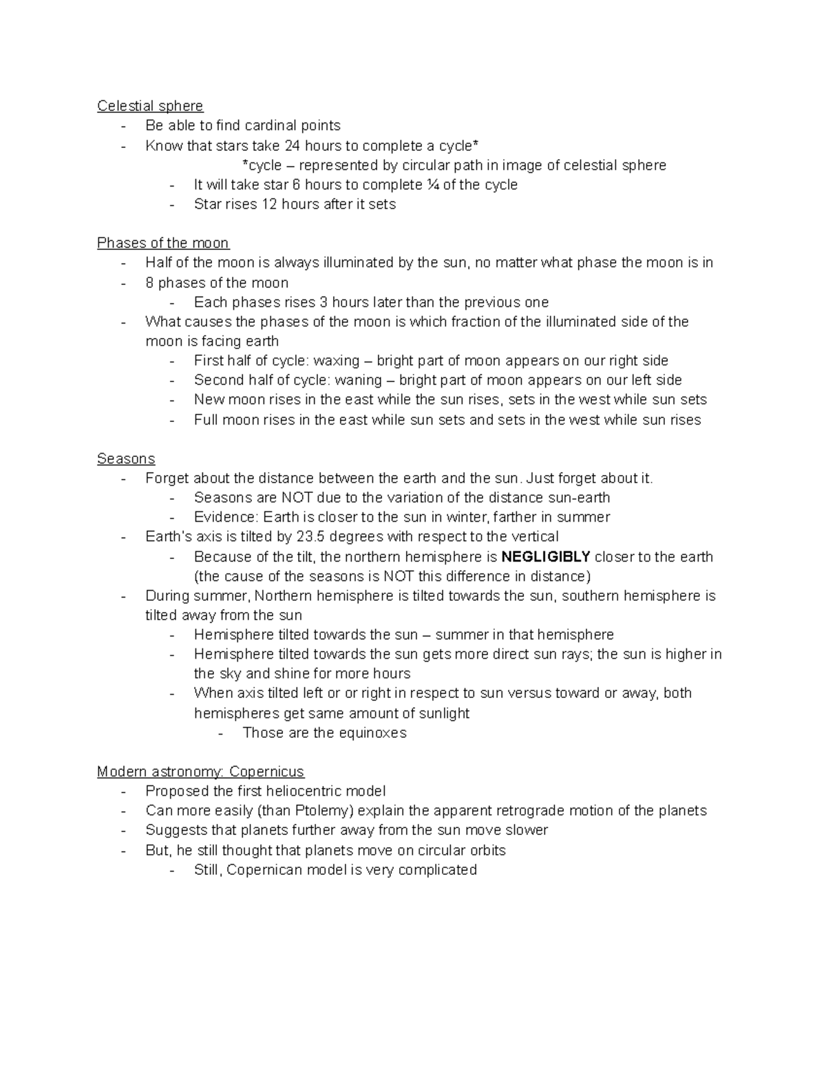 Midterm review - celestial sphere, moon phases, seasons, copernicus ...