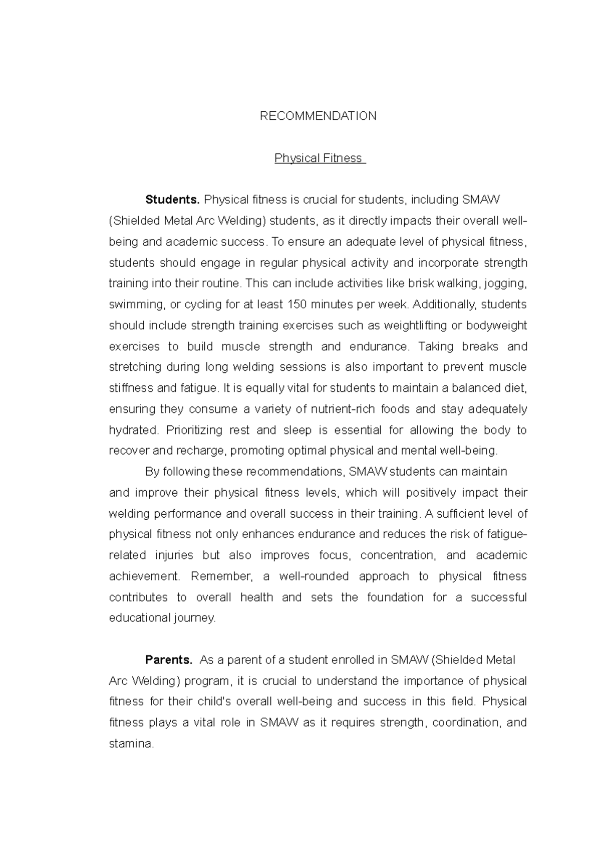 Paspe- Recomendation - research sample - RECOMMENDATION Physical ...