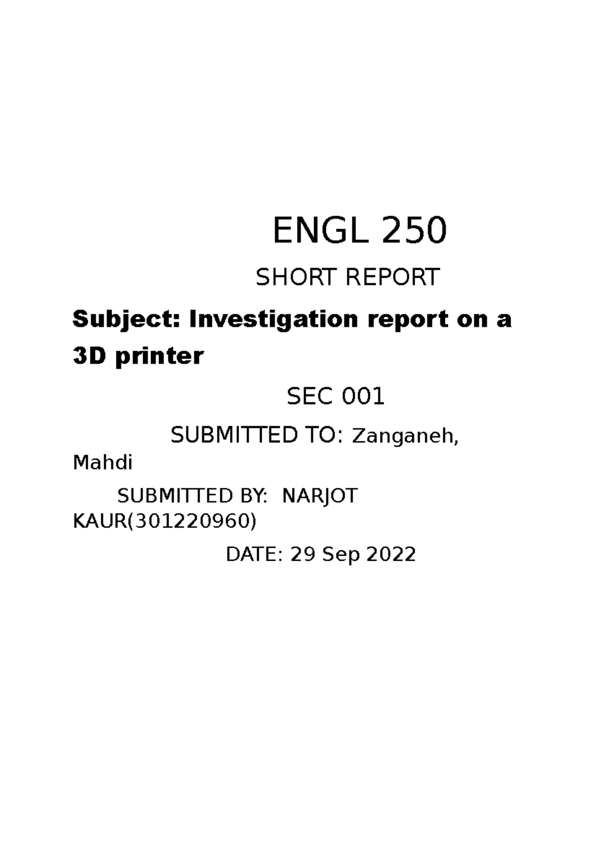 Short Report ENGL250 ENGL 250 SHORT REPORT Subject Investigation 