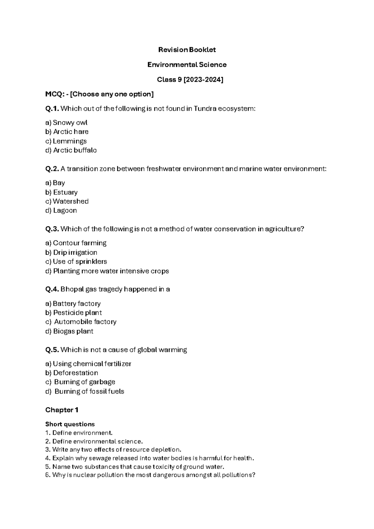 EVSRev - Revision Booklet Environmental Science Class 9 [202 3 - 2024 ...