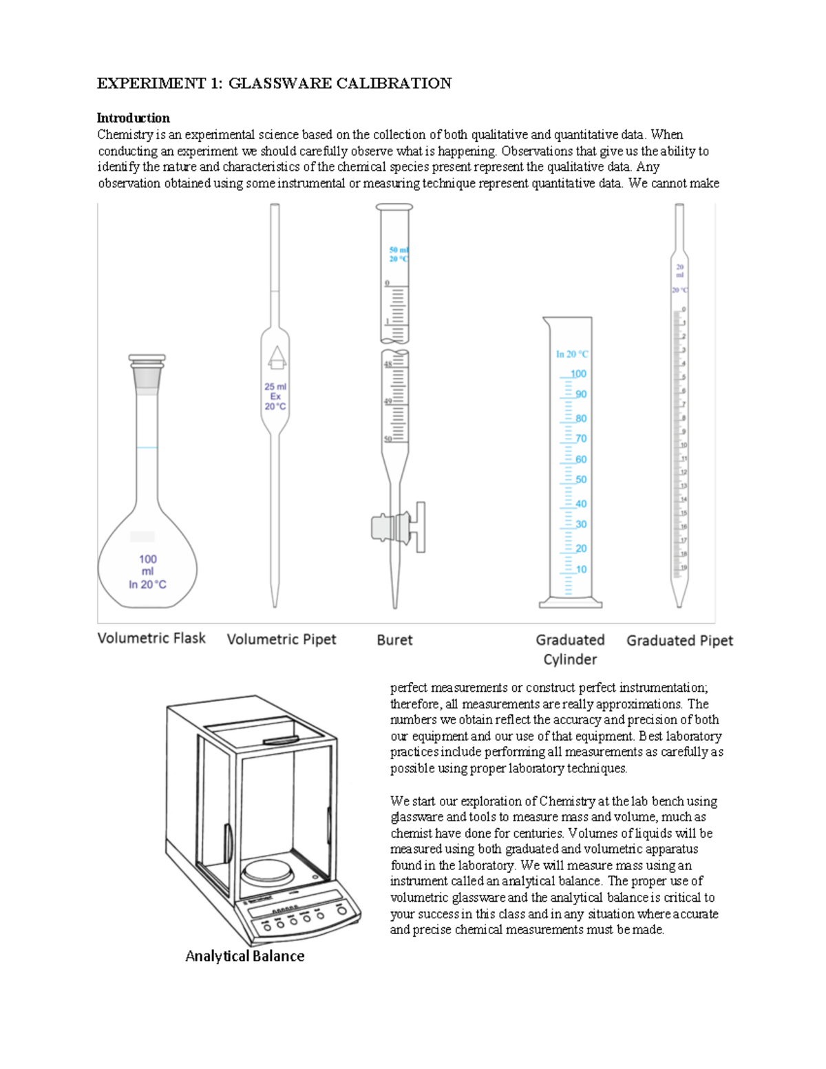 Experiment 3 calibration+of+glassware EXPERIMENT 1 GLASSWARE CALIBRATION Introduction