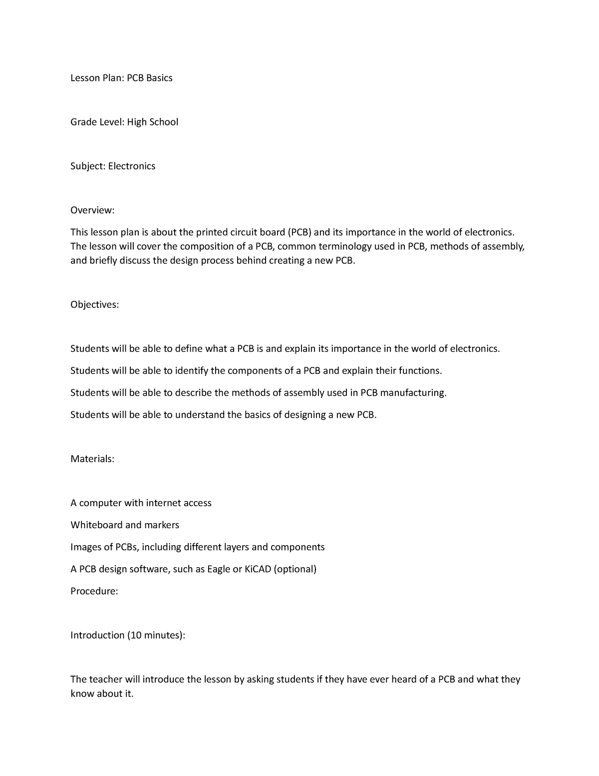 Lesson Plan - Documents - Lesson Plan: PCB Basics Grade Level: High ...