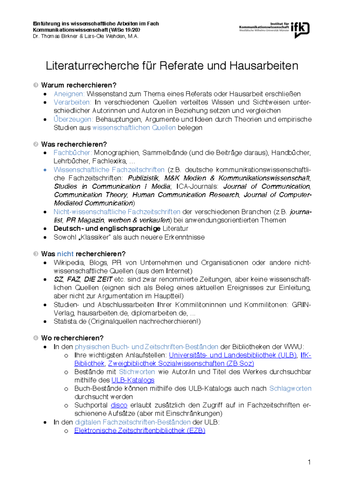 Handout Literaturrecherche 2019 Einführung ins wissenschaftliche Arbeiten im Fach Studocu
