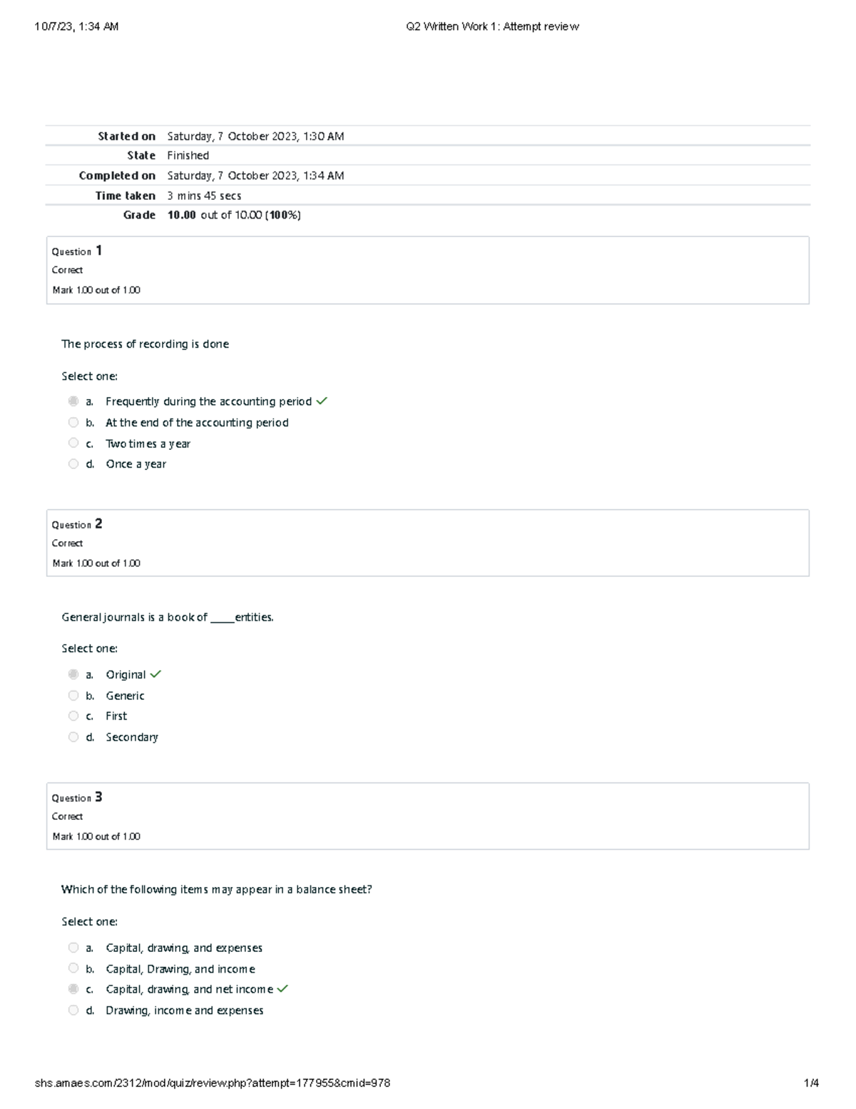 Q2 Written Work 1 Attempt review - Started on Saturday, 7 October 2023 ...