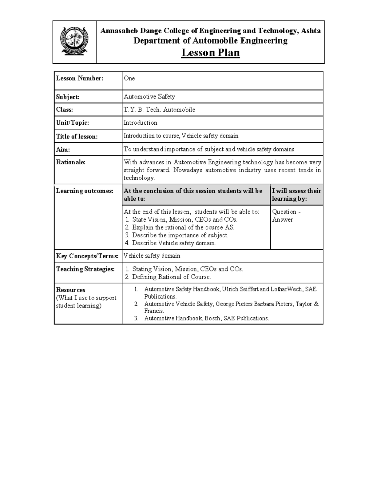 Lesson Plans - ABCDESGFTF - Department of Automobile Engineering Lesson ...