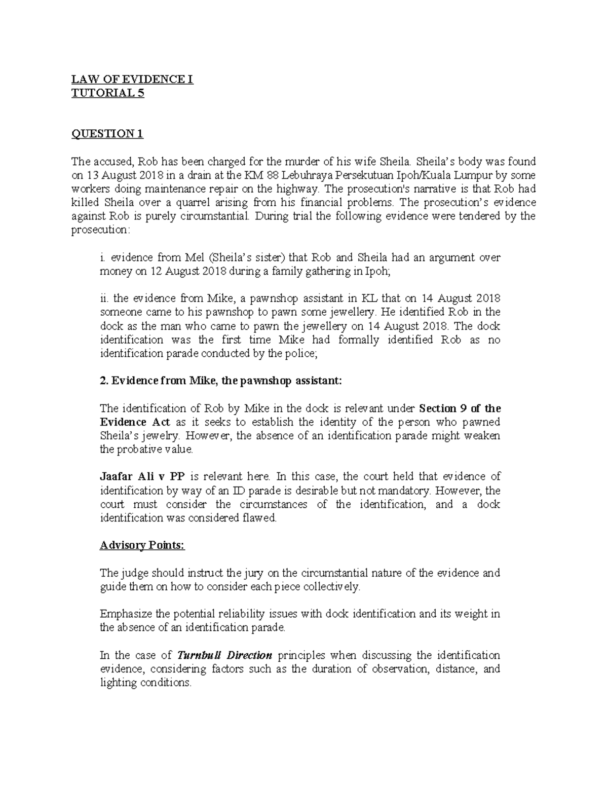 Law of Evidence Tutorial 5 - LAW OF EVIDENCE I TUTORIAL 5 QUESTION 1 ...