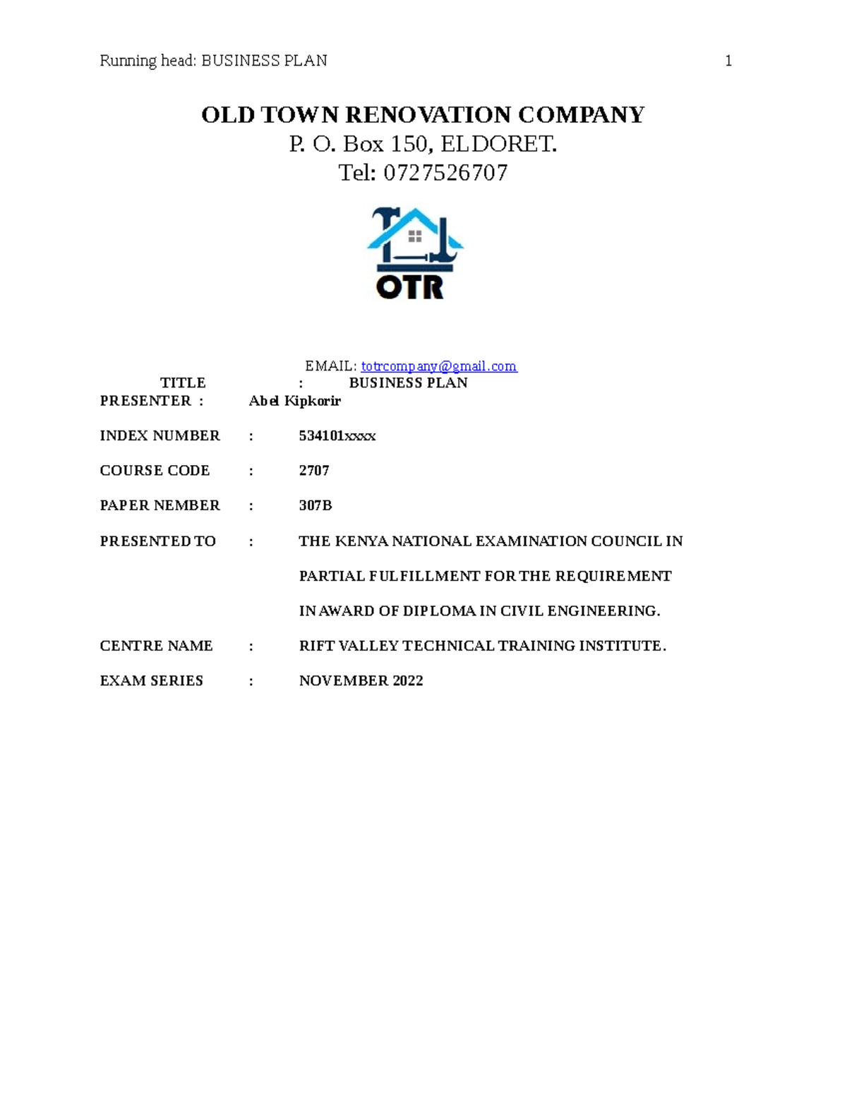 OTR Business Plan practical OLD TOWN RENOVATION COMPANY P. O. Box