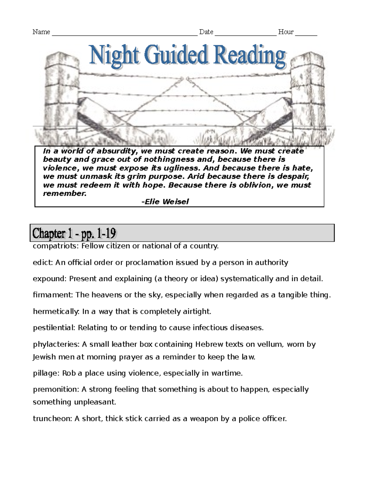 Night Reading Guide Name