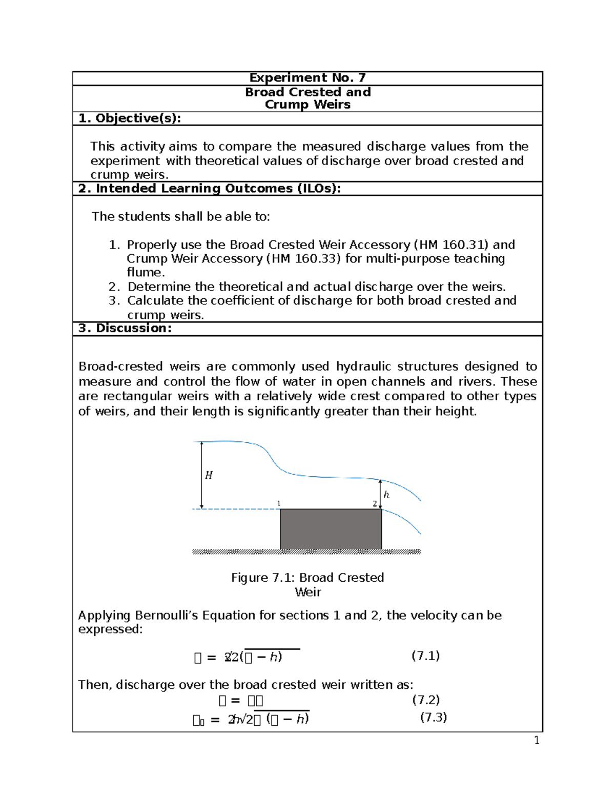 Experiment 7 For guidelines Experiment No. 7 Broad Crested and Crump Weirs Objective(s