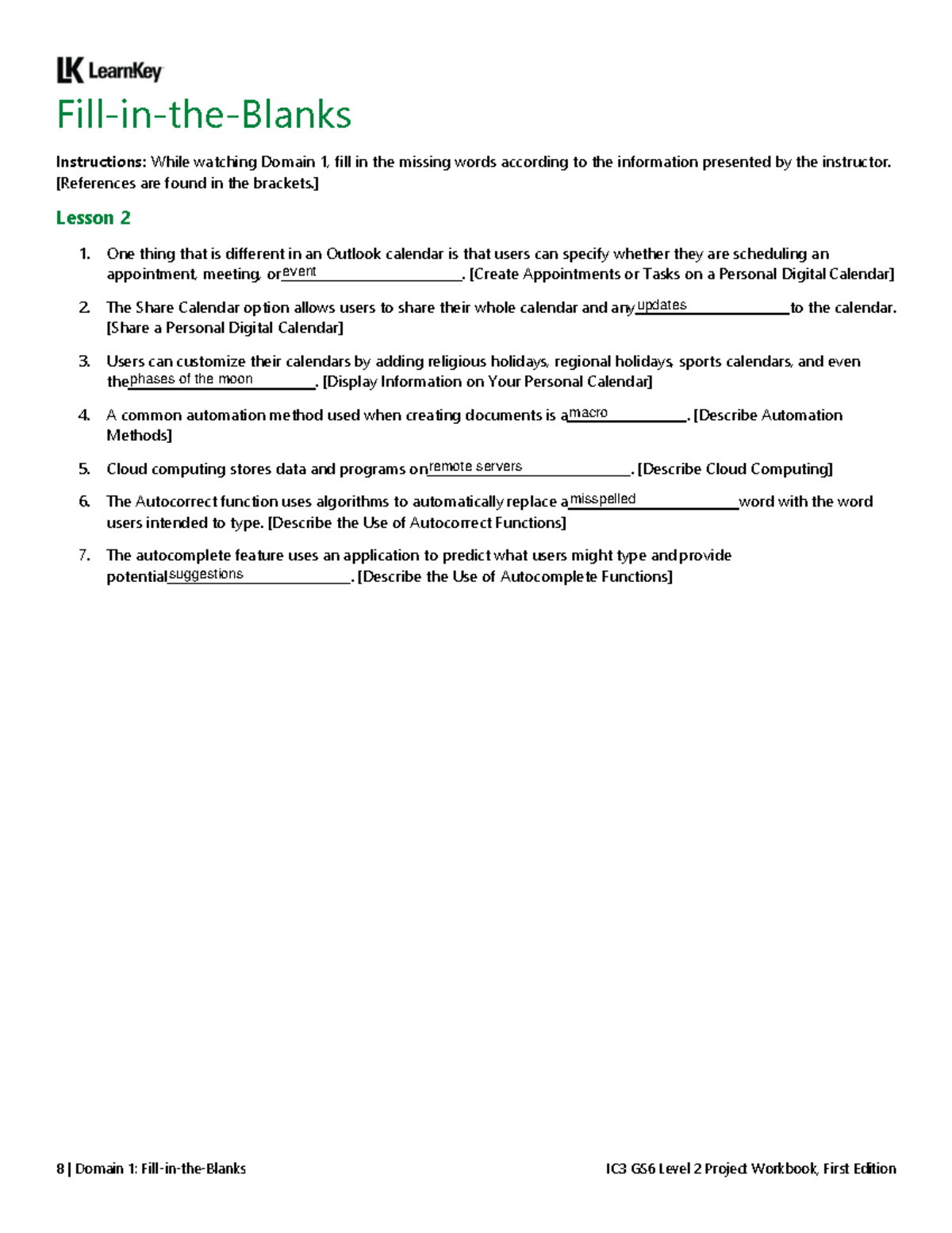 IC3 GS6 Level 2 Domain 1 - Lesson 2 - 8 | Domain 1: Fill-in-the-Blanks ...