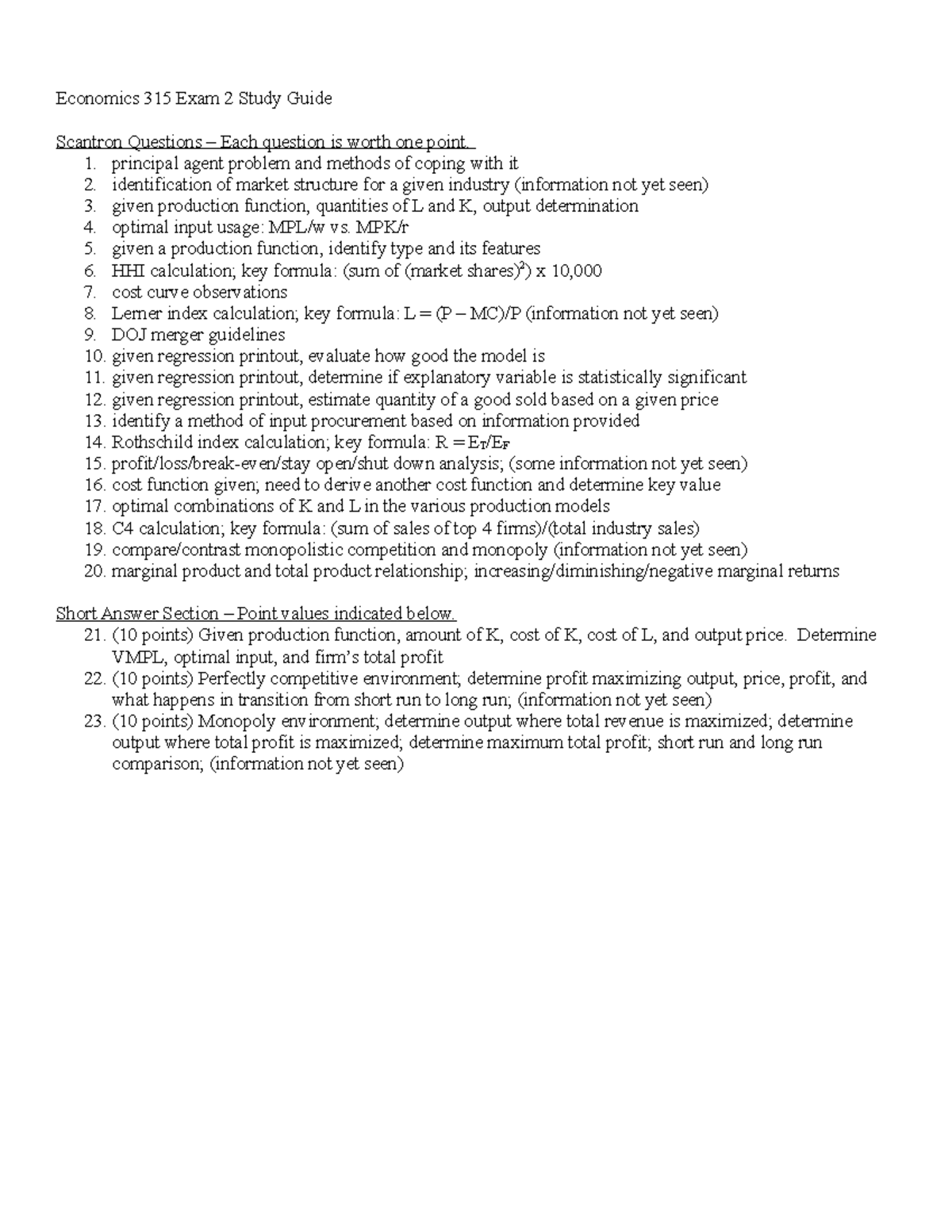 Exam 2 Study Guide Session B - Economics 315 Exam 2 Study Guide ...