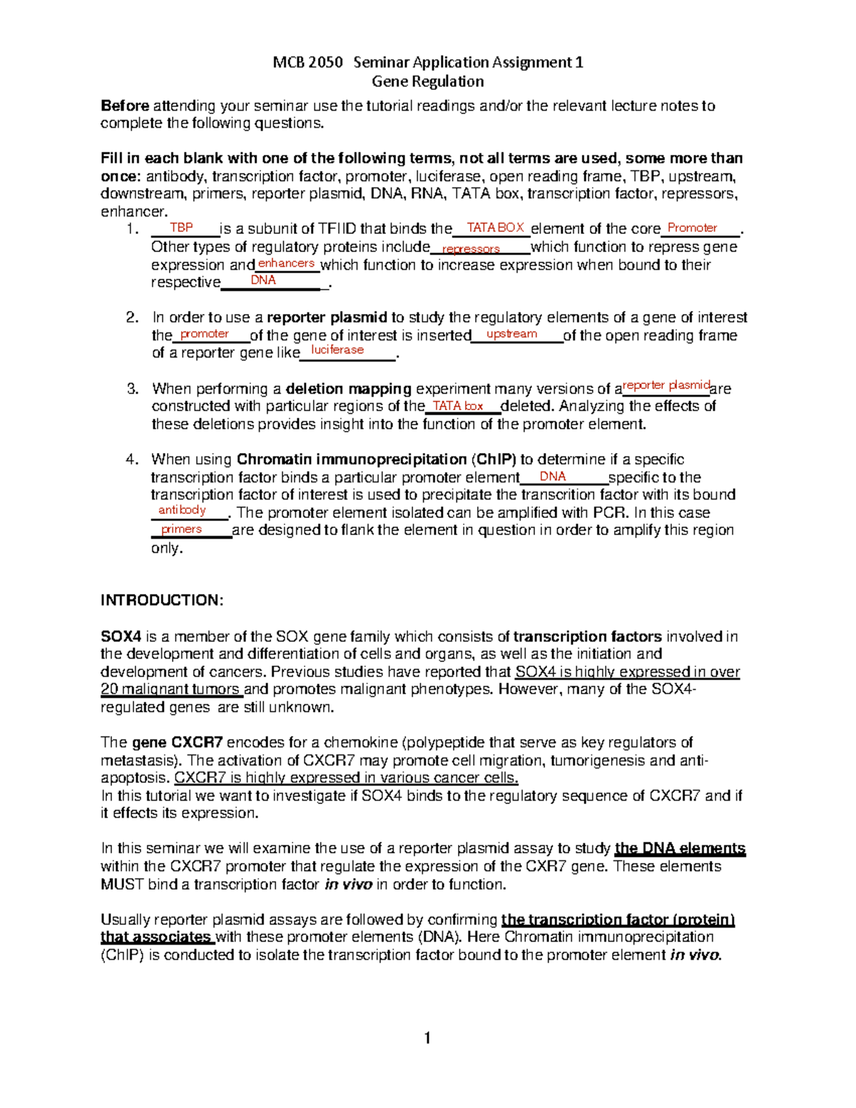 F22 Gene regulation Seminar 1 PDF MCB 2050 Seminar Application Assignment 1 Gene Regulation