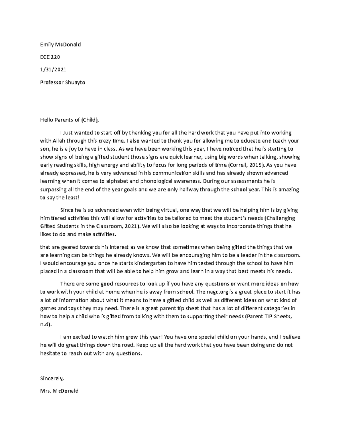 ECE 220 Gifted and Talented Letter Emily Mc Donald - Emily McDonald ECE ...