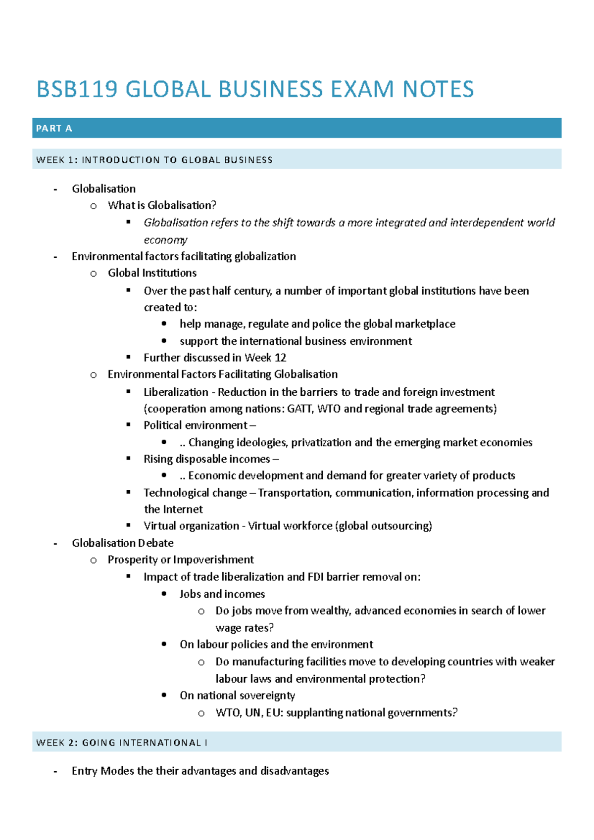 BSB119 Global Business Exam Notes - BSB119 GLOBAL BUSINESS EXAM NOTES ...