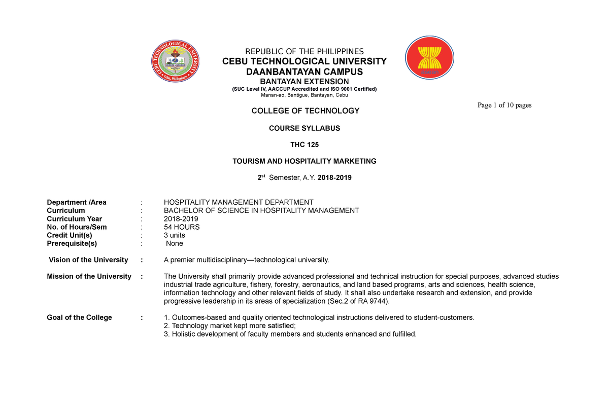 THC125 - Syllabus - REPUBLIC OF THE PHILIPPINES CEBU TECHNOLOGICAL ...