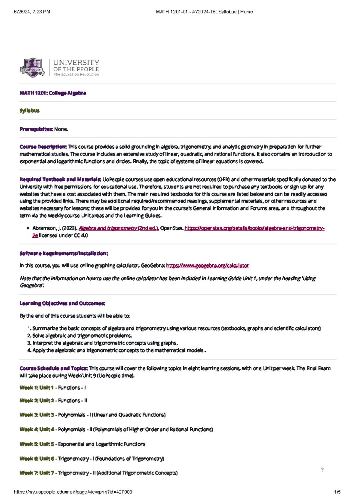 MATH 1201 Syllabus - MATH 1201: College Algebra Syllabus Prerequisites ...