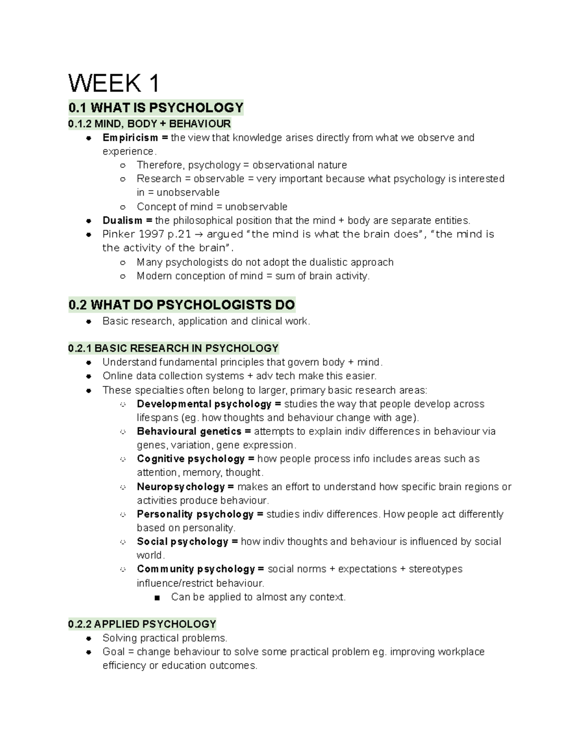 Readings - lecture notes - WEEK 1 0 WHAT IS PSYCHOLOGY 0.1 MIND, BODY ...