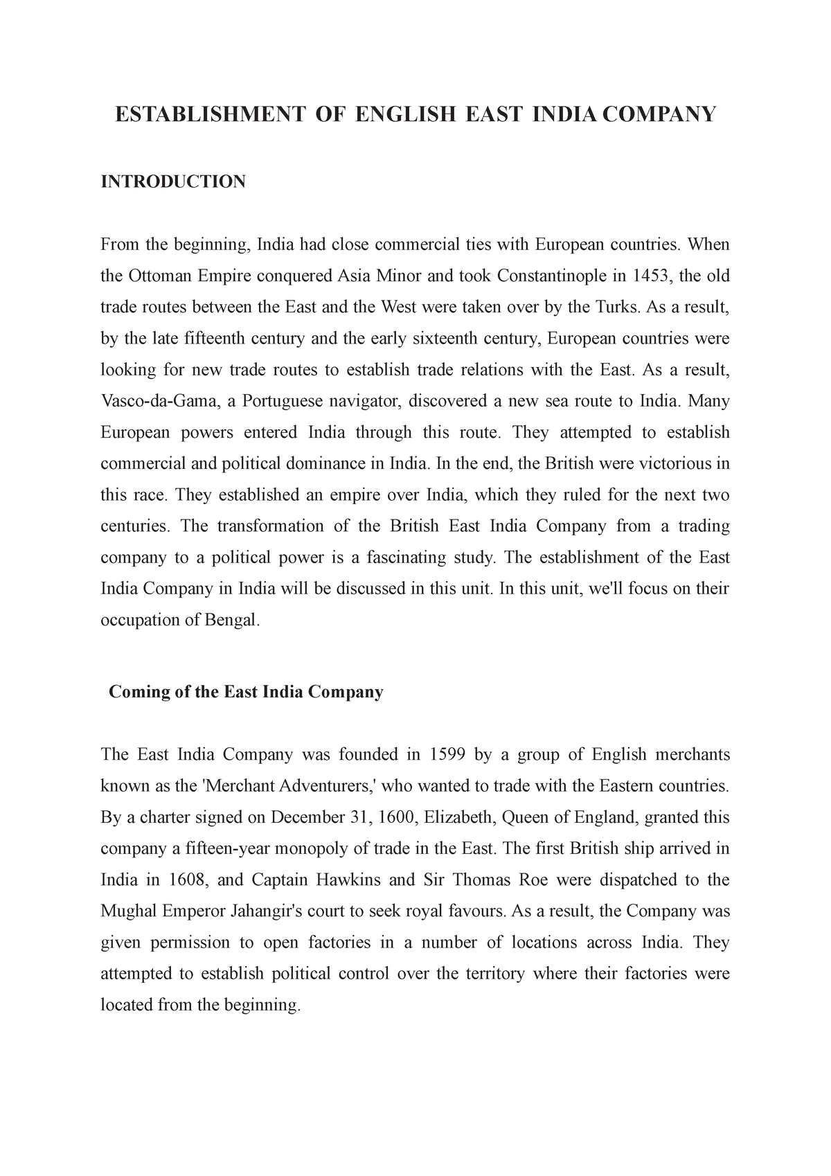 east india company short essay